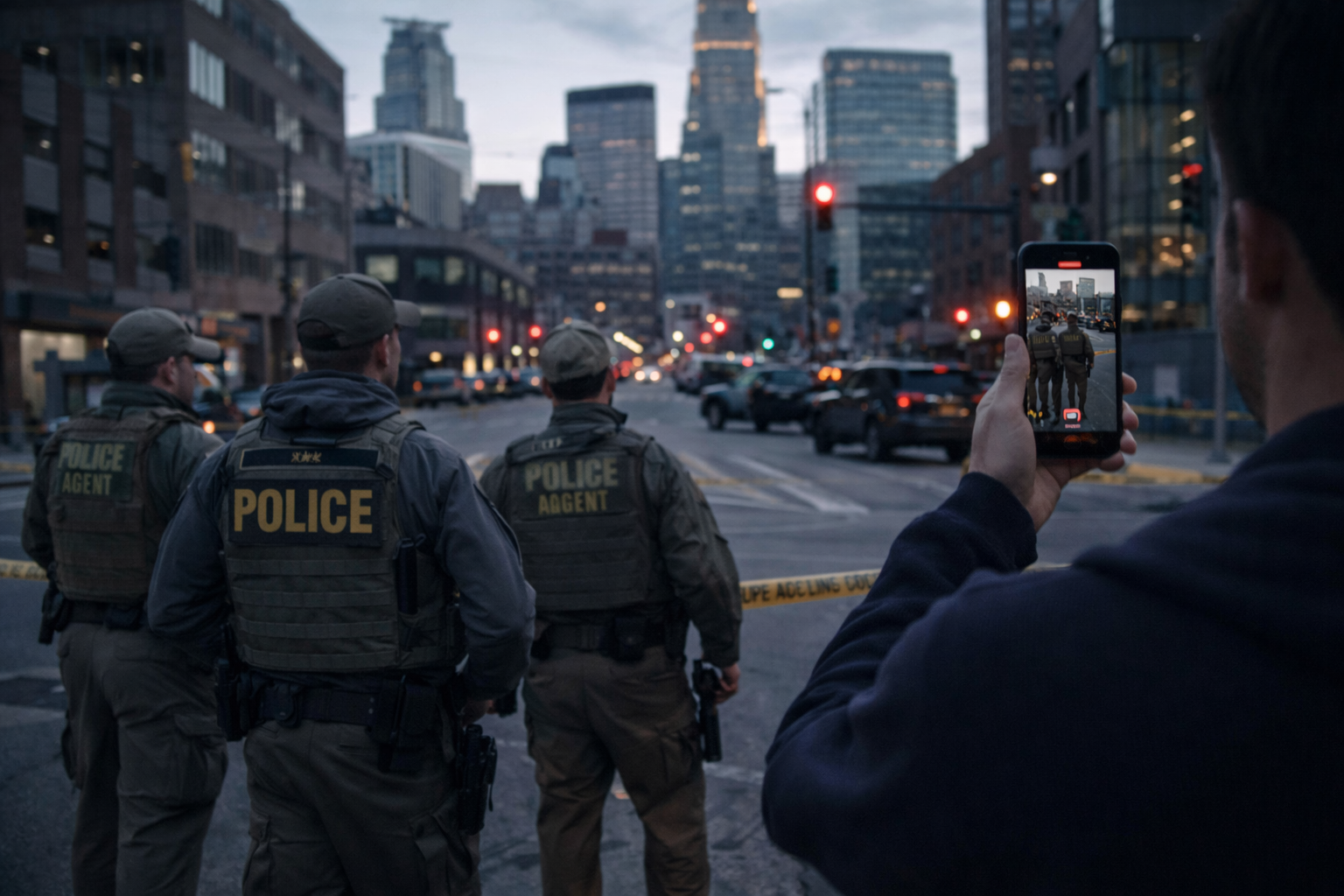 Documentary-style image of law enforcement and a bystander filming on a Minneapolis street