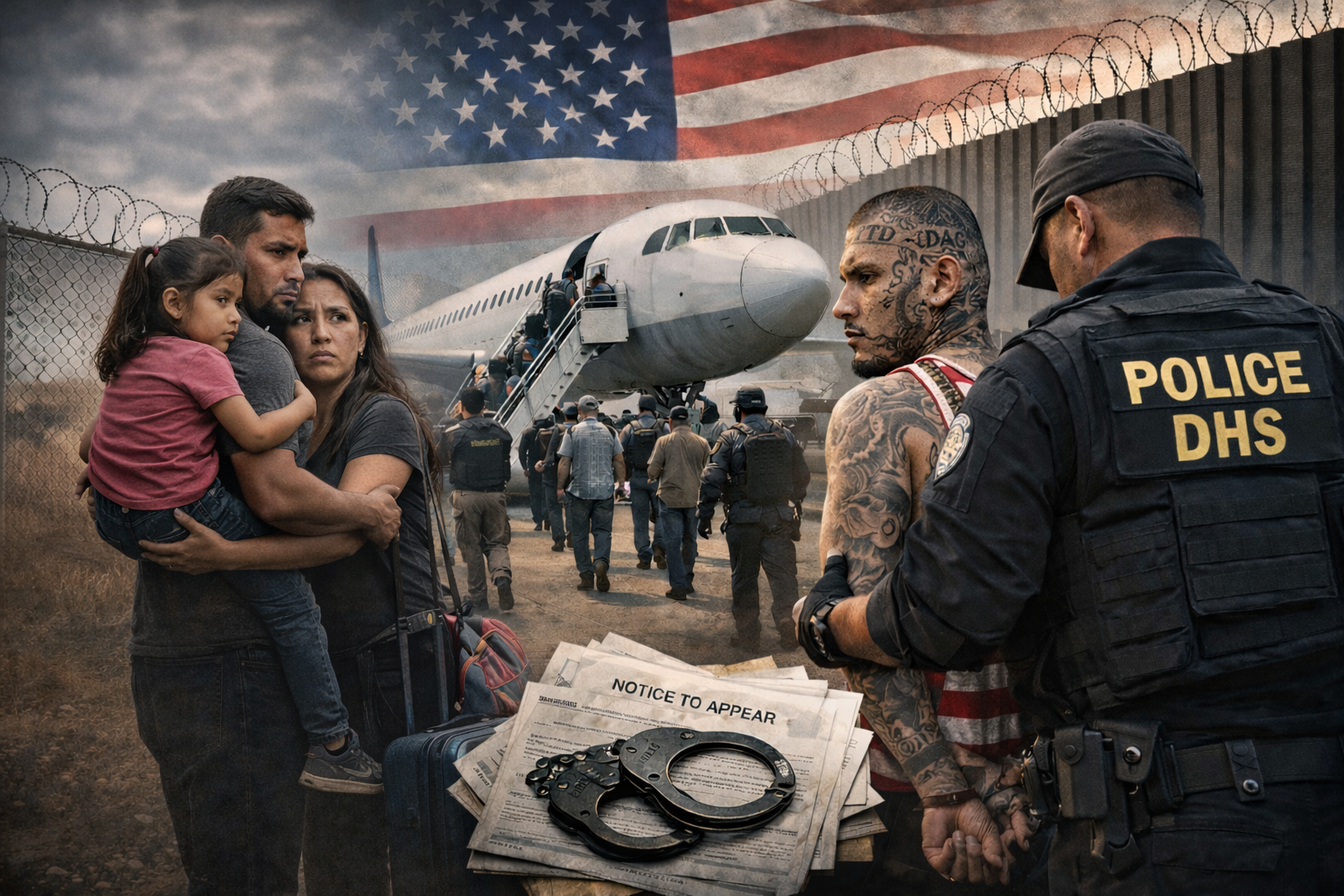 Composite image showing a migrant family near a border fence, detainees boarding a deportation flight, and a heavily tattooed man being arrested by a DHS officer