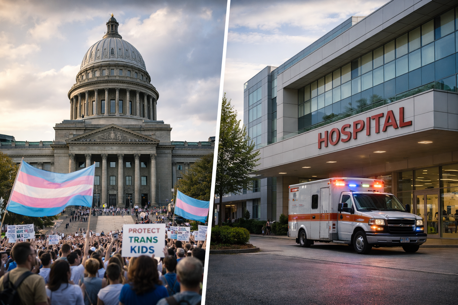 Documentary-style image of a state capitol building and hospital exterior