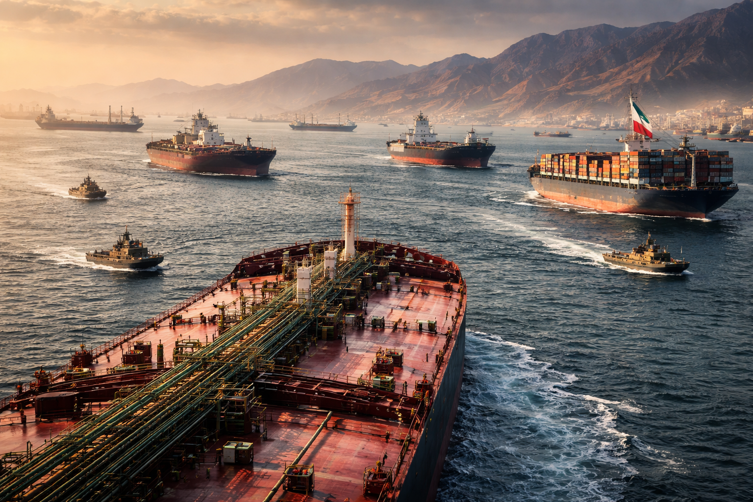 Documentary-style image of oil tankers and cargo ships moving through the Strait of Hormuz