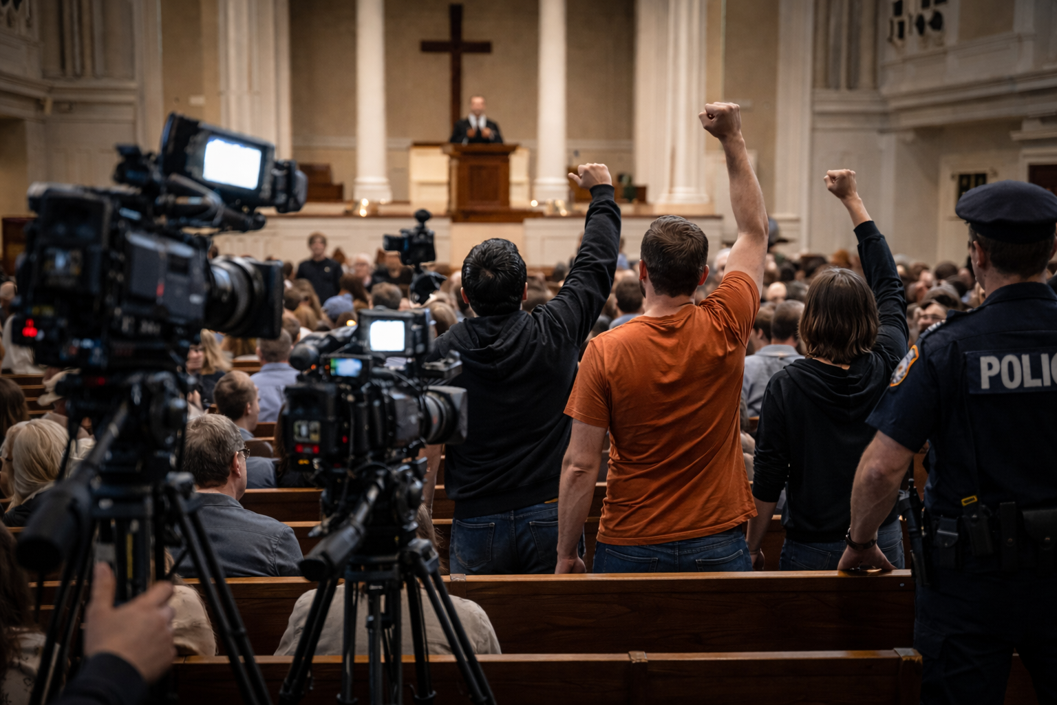 Inside church with cameras and protesters