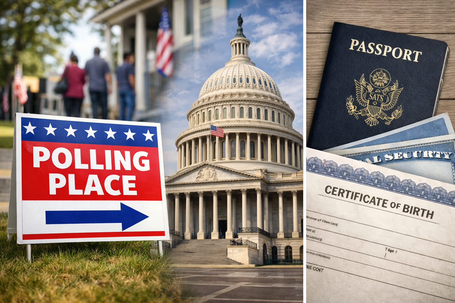 Documentary-style image of a polling place sign, the U.S. Capitol, and citizenship documents