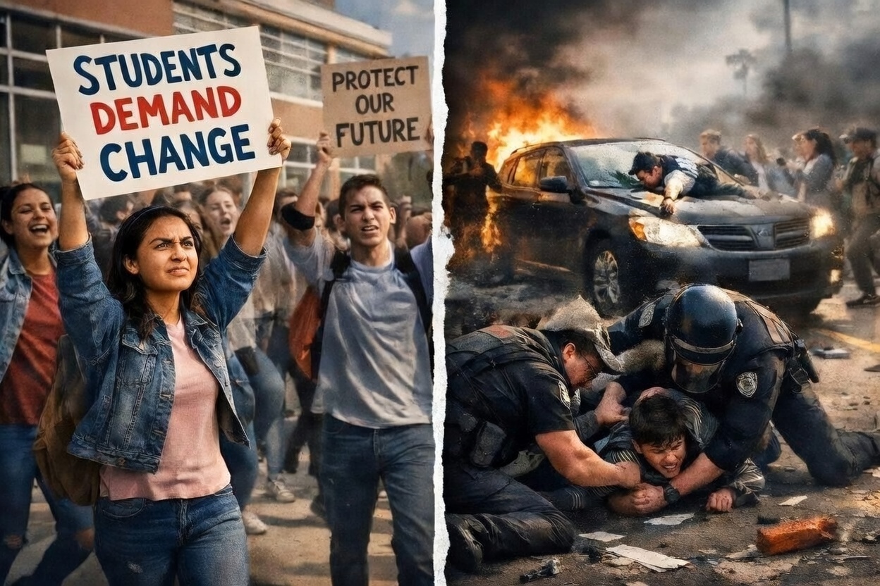 High school students walking out of a school building during a protest